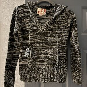 OP Black & White Marled Hooded Knit Sweater with Tassel Drawstrings